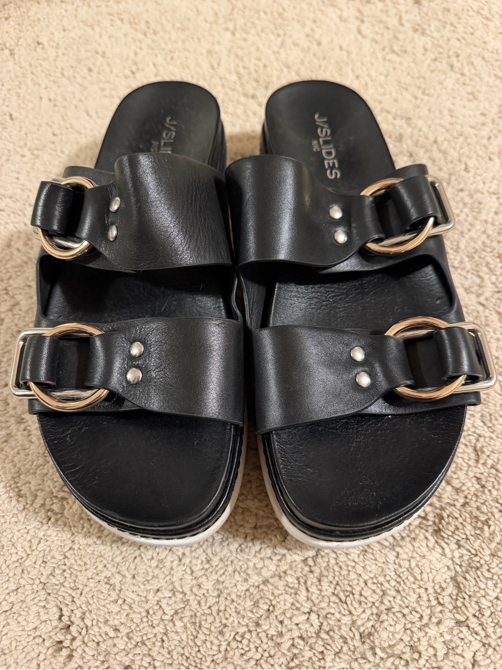 J/SLIDES Black Double-Buckle Platform Slide Sandals